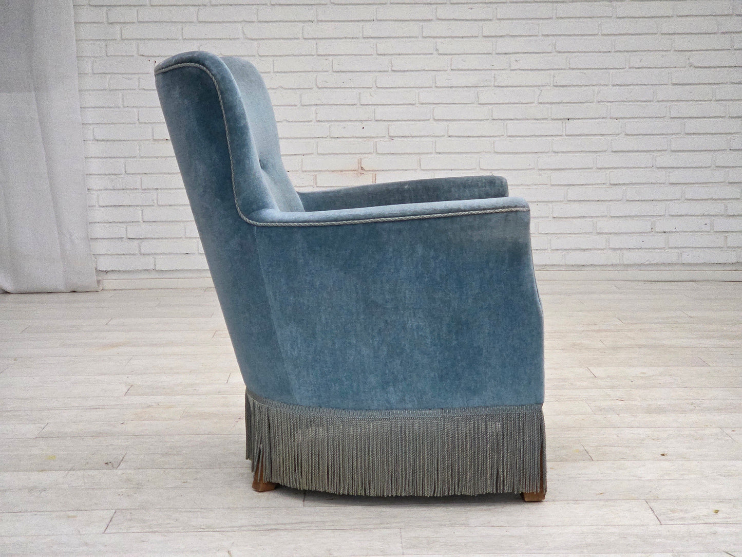 1970s, Danish armchair with footstool, blue furniture velour, oak wood legs.