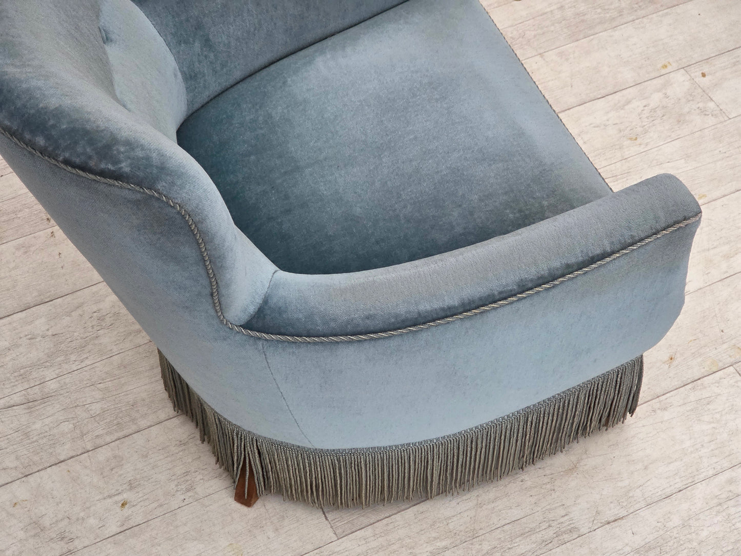 1970s, Danish armchair with footstool, blue furniture velour, oak wood legs.