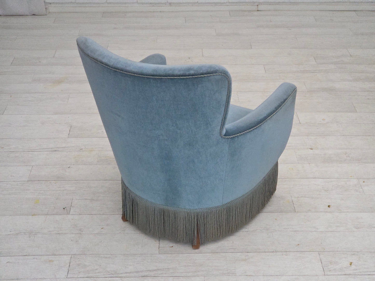 1970s, Danish armchair with footstool, blue furniture velour, oak wood legs.