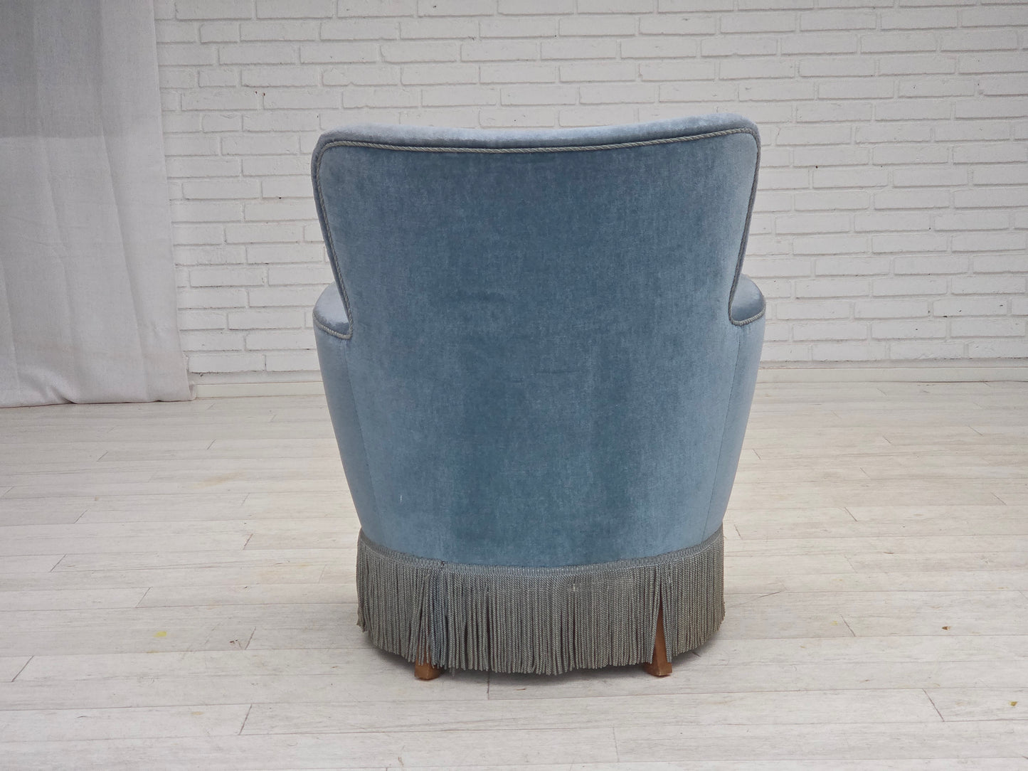 1970s, Danish armchair with footstool, blue furniture velour, oak wood legs.