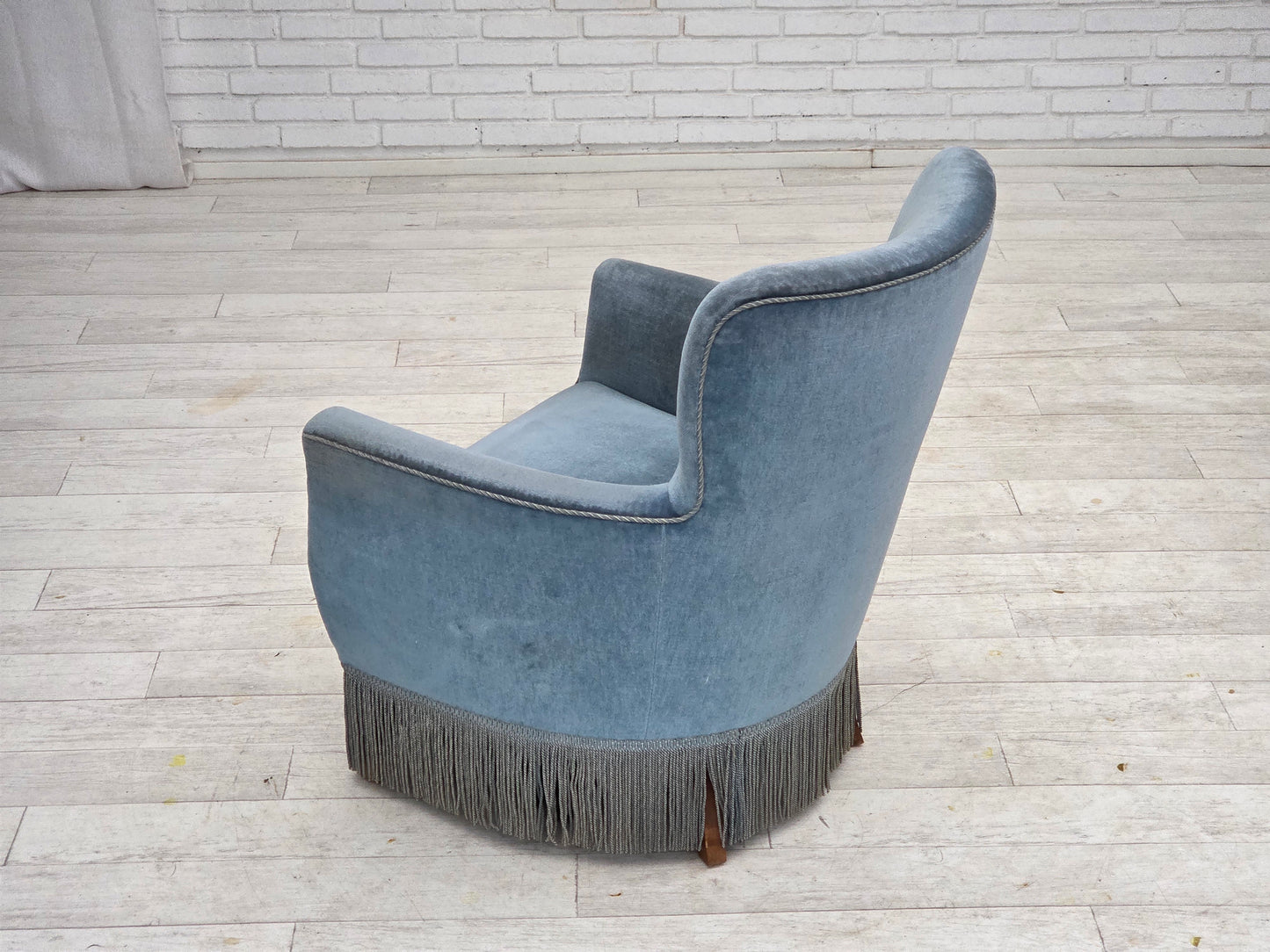 1970s, Danish armchair with footstool, blue furniture velour, oak wood legs.