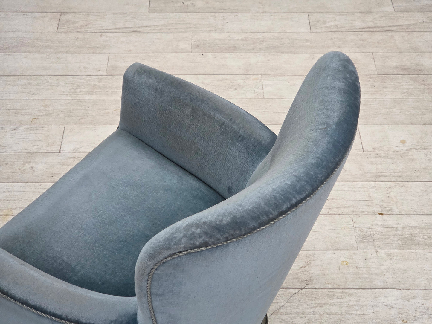 1970s, Danish armchair with footstool, blue furniture velour, oak wood legs.