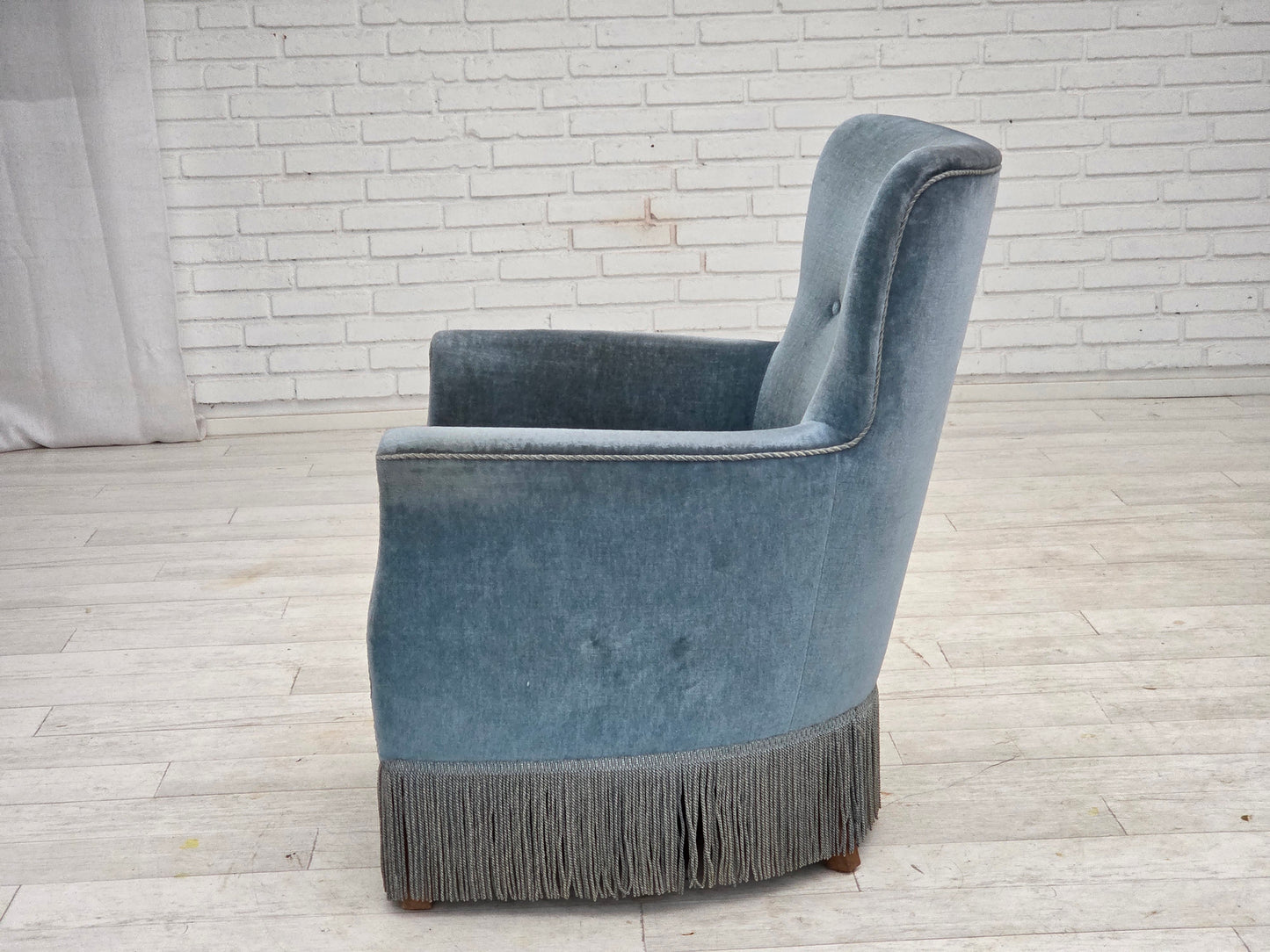 1970s, Danish armchair with footstool, blue furniture velour, oak wood legs.