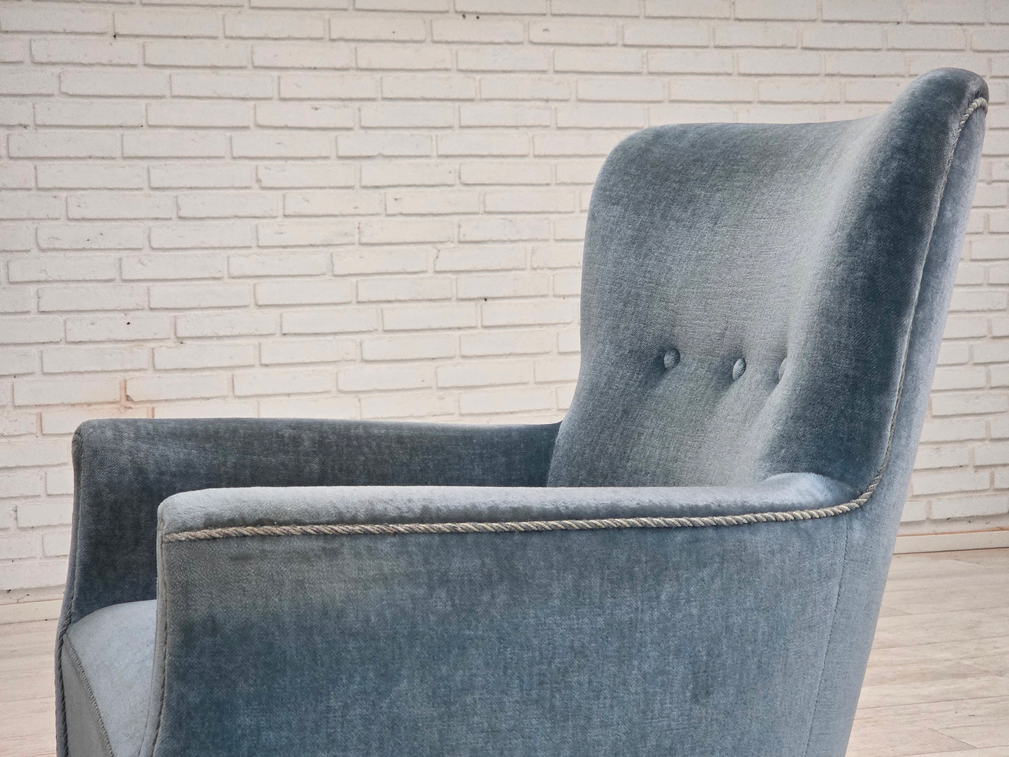 1970s, Danish armchair with footstool, blue furniture velour, oak wood legs.