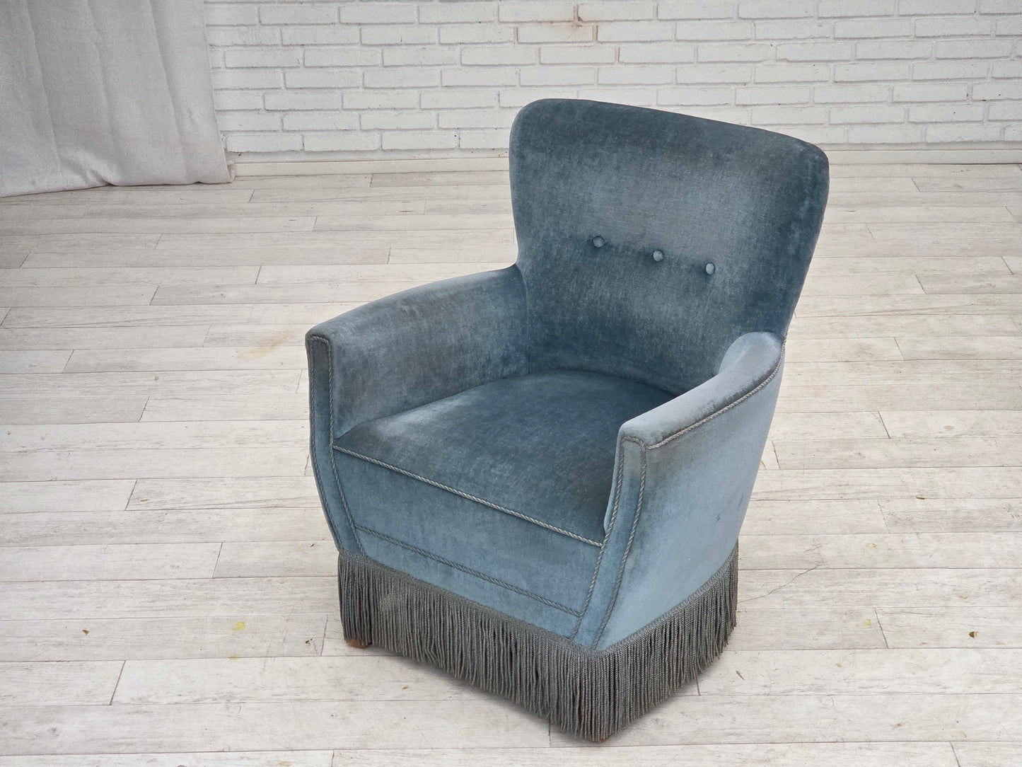 1970s, Danish armchair with footstool, blue furniture velour, oak wood legs.