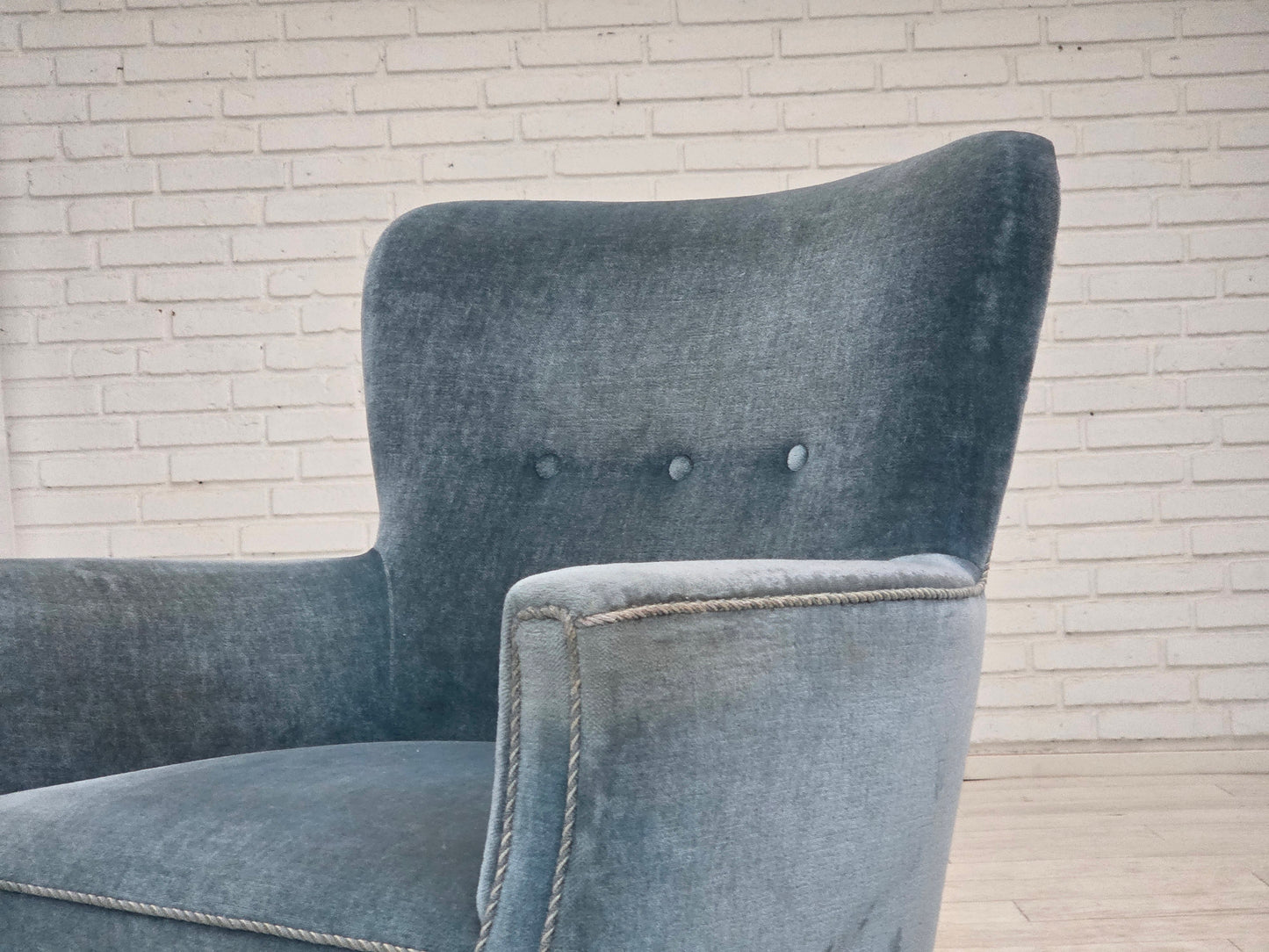 1970s, Danish armchair with footstool, blue furniture velour, oak wood legs.