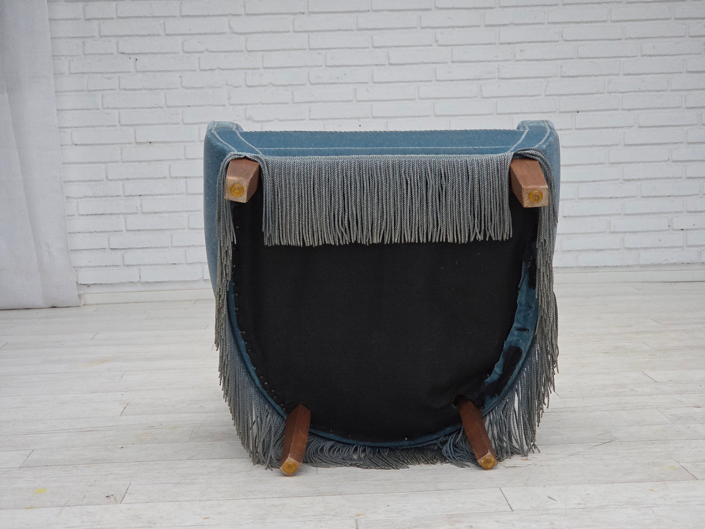 1970s, Danish armchair with footstool, blue furniture velour, oak wood legs.