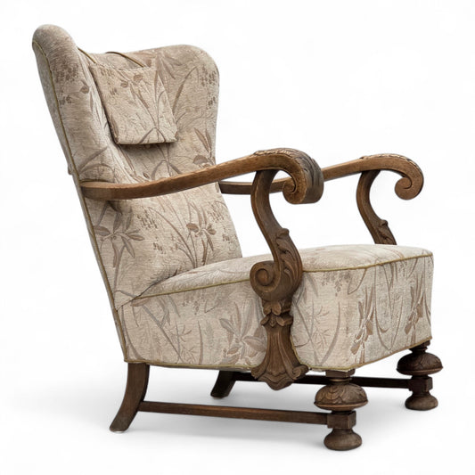 1960s, Danish armchair, beige/brown furniture fabric, carved oak wood.