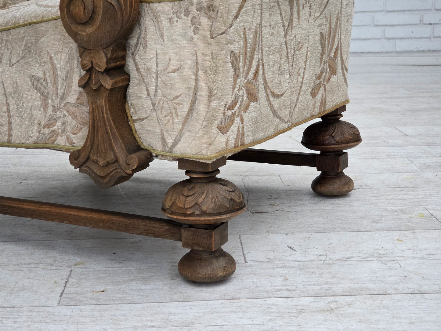 1960s, Danish armchair, beige/brown furniture fabric, carved oak wood.