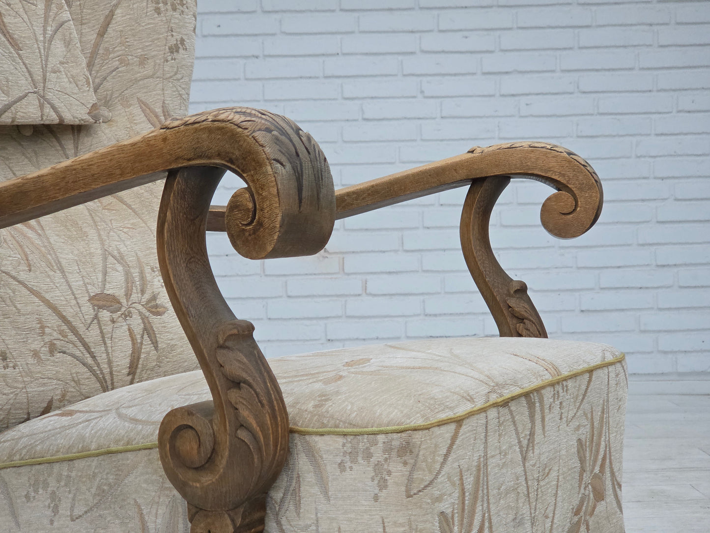 1960s, Danish armchair, beige/brown furniture fabric, carved oak wood.