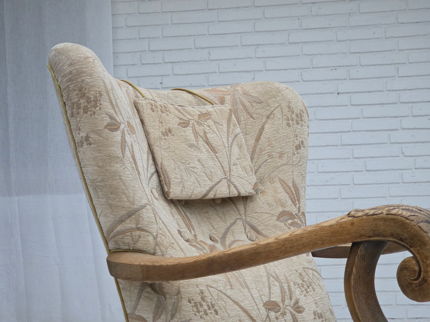 1960s, Danish armchair, beige/brown furniture fabric, carved oak wood.