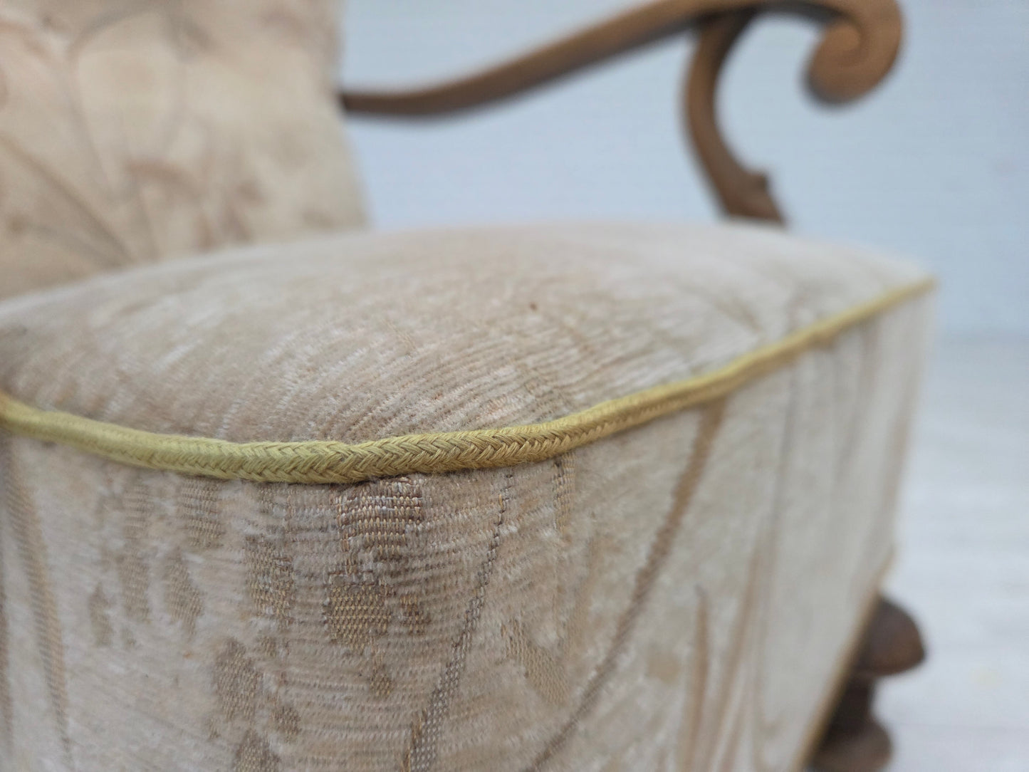1960s, Danish armchair, beige/brown furniture fabric, carved oak wood.