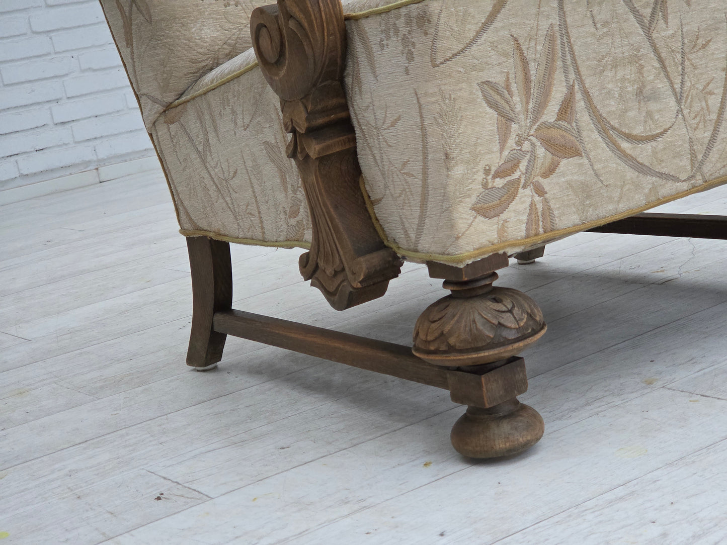 1960s, Danish armchair, beige/brown furniture fabric, carved oak wood.