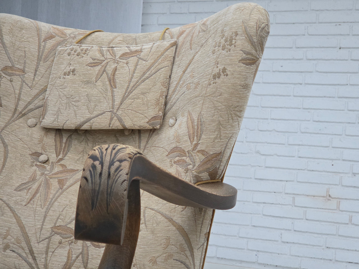 1960s, Danish armchair, beige/brown furniture fabric, carved oak wood.