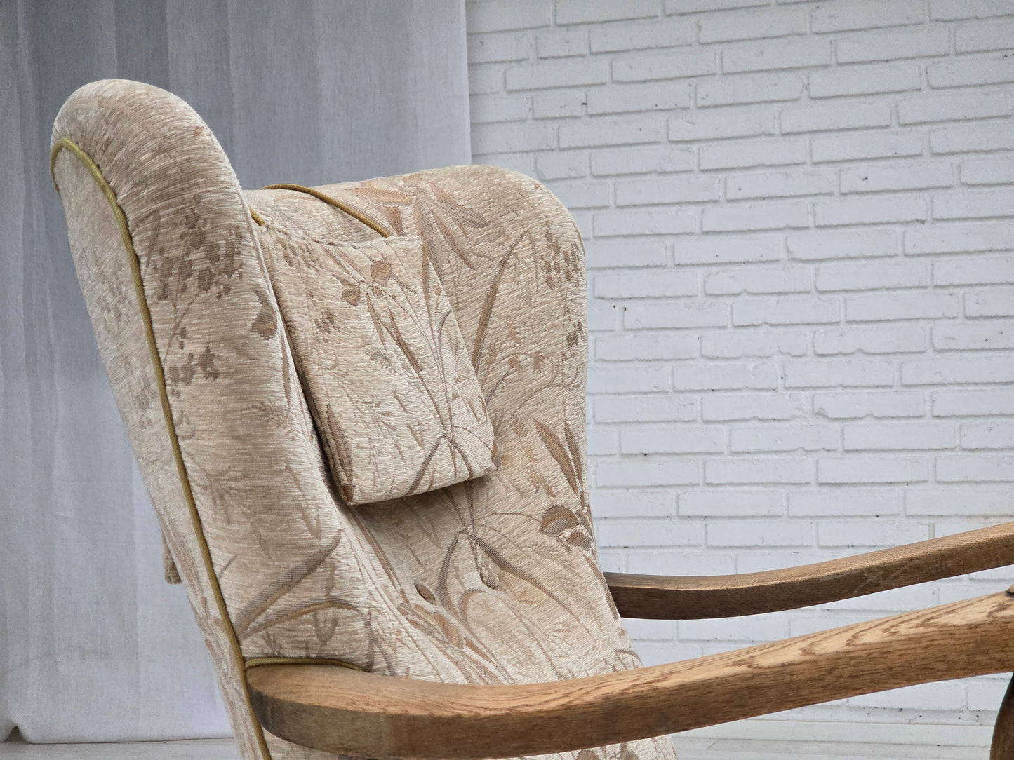 1960s, Danish armchair, beige/brown furniture fabric, carved oak wood.