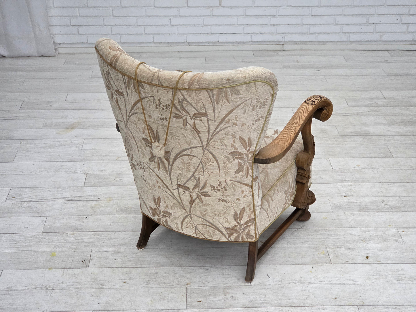 1960s, Danish armchair, beige/brown furniture fabric, carved oak wood.