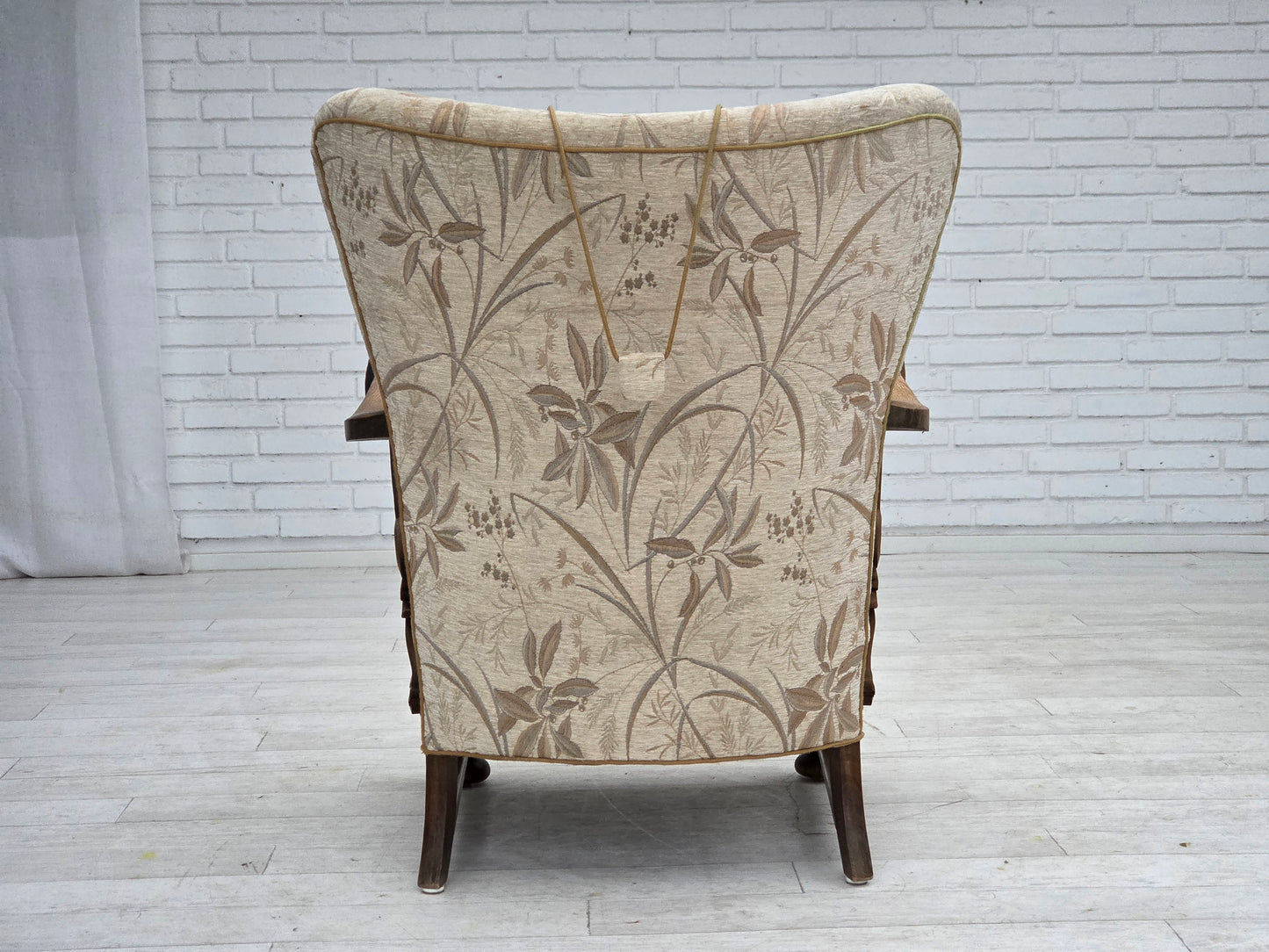 1960s, Danish armchair, beige/brown furniture fabric, carved oak wood.