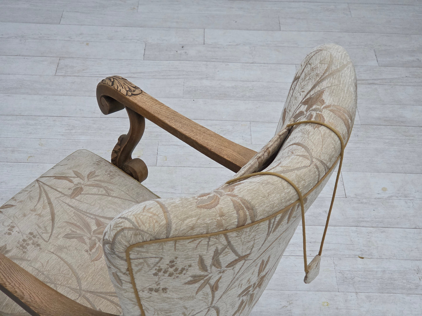 1960s, Danish armchair, beige/brown furniture fabric, carved oak wood.