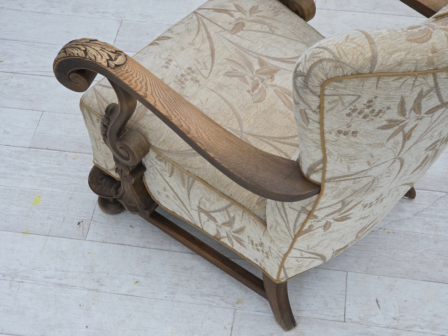 1960s, Danish armchair, beige/brown furniture fabric, carved oak wood.