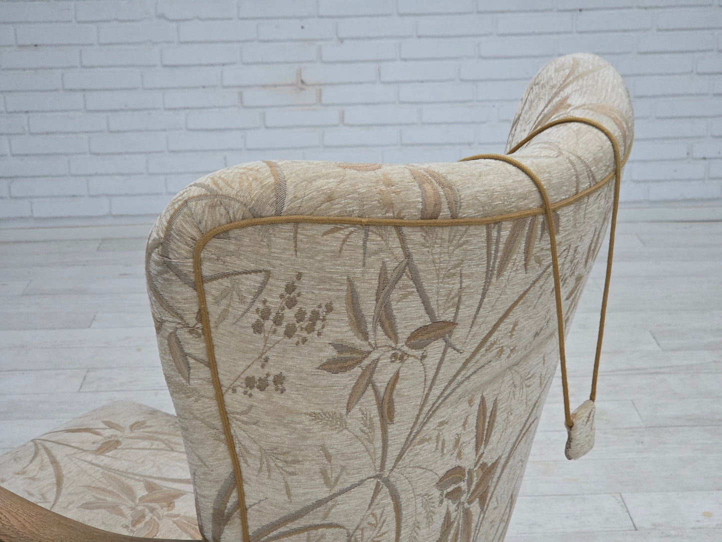 1960s, Danish armchair, beige/brown furniture fabric, carved oak wood.