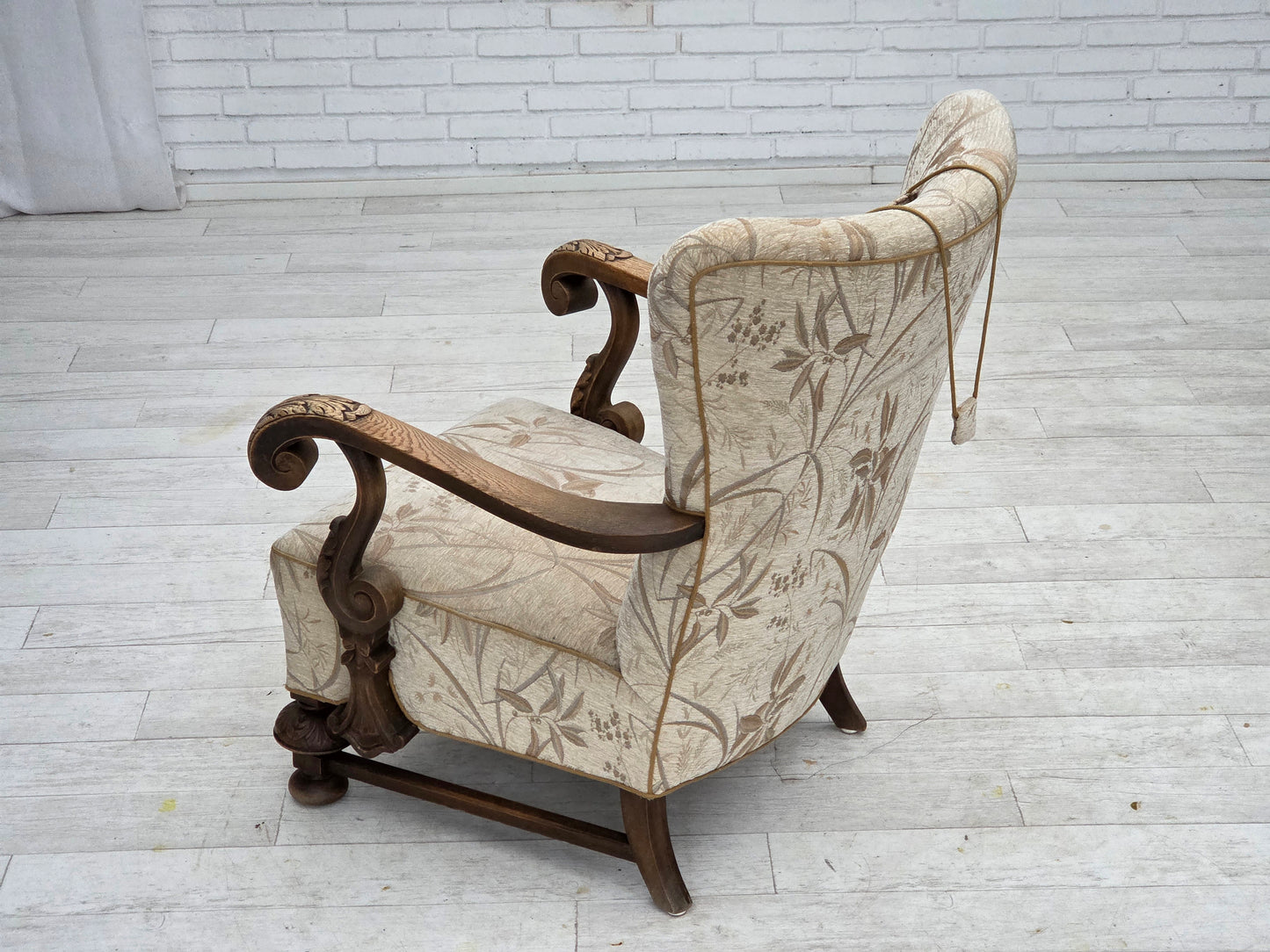 1960s, Danish armchair, beige/brown furniture fabric, carved oak wood.