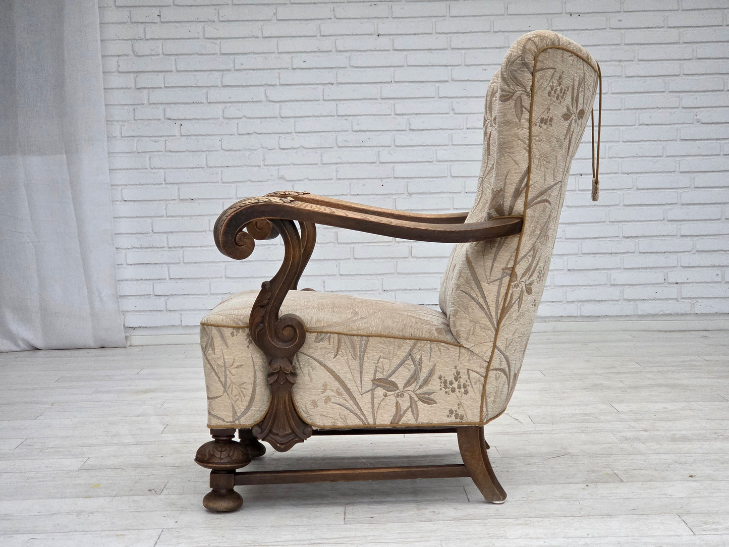 1960s, Danish armchair, beige/brown furniture fabric, carved oak wood.