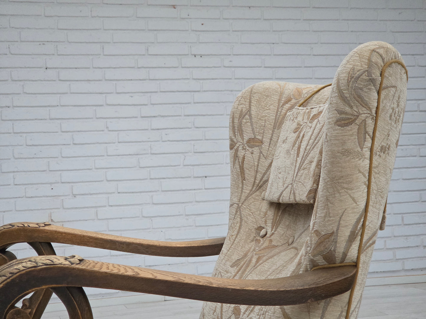 1960s, Danish armchair, beige/brown furniture fabric, carved oak wood.