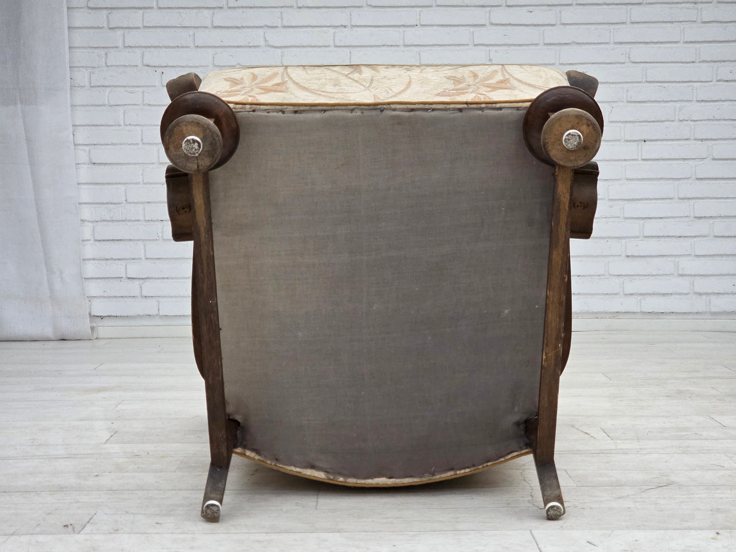 1960s, Danish armchair, beige/brown furniture fabric, carved oak wood.