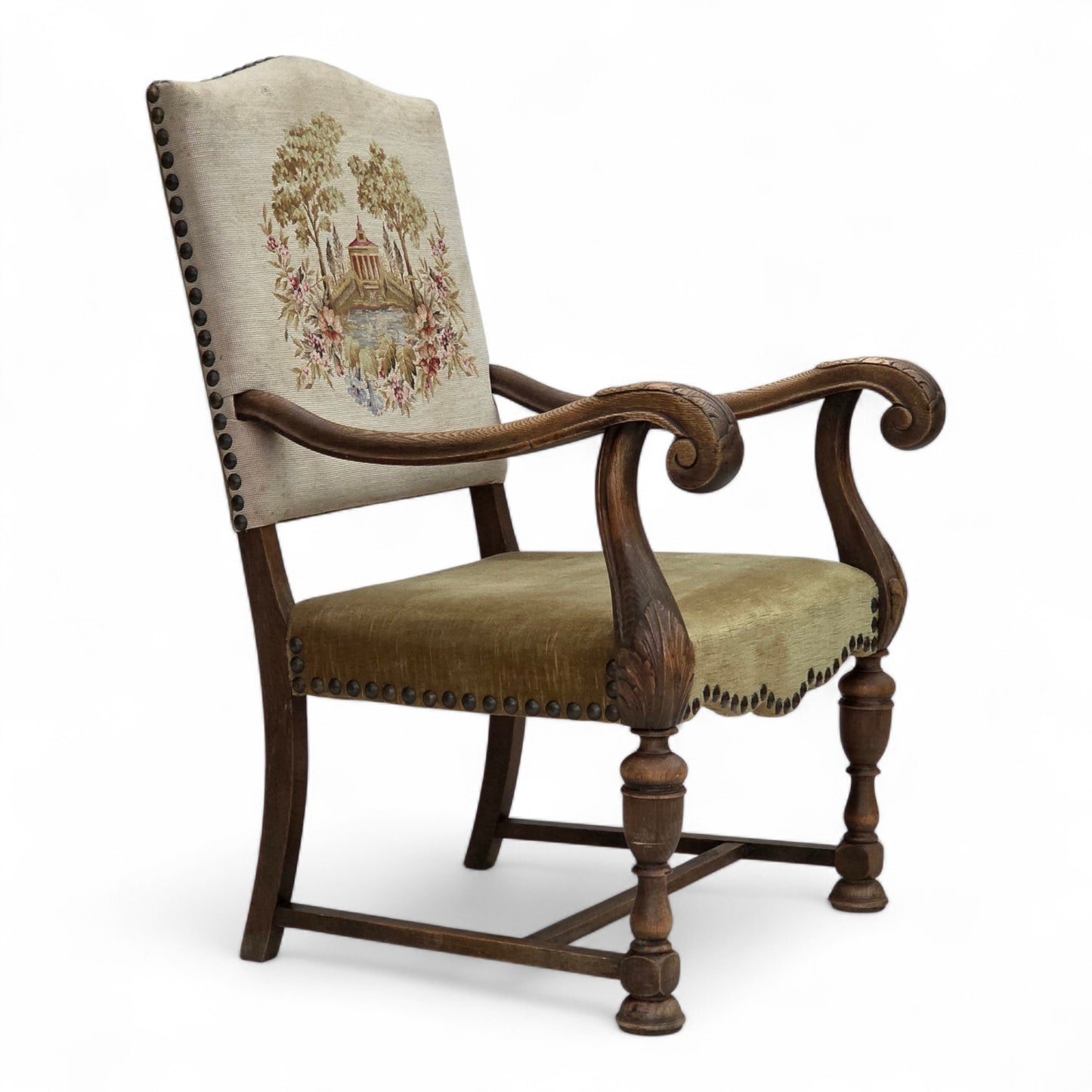 1950s, Danish highback armchair, hand woven wool, velour, carved oak wood.