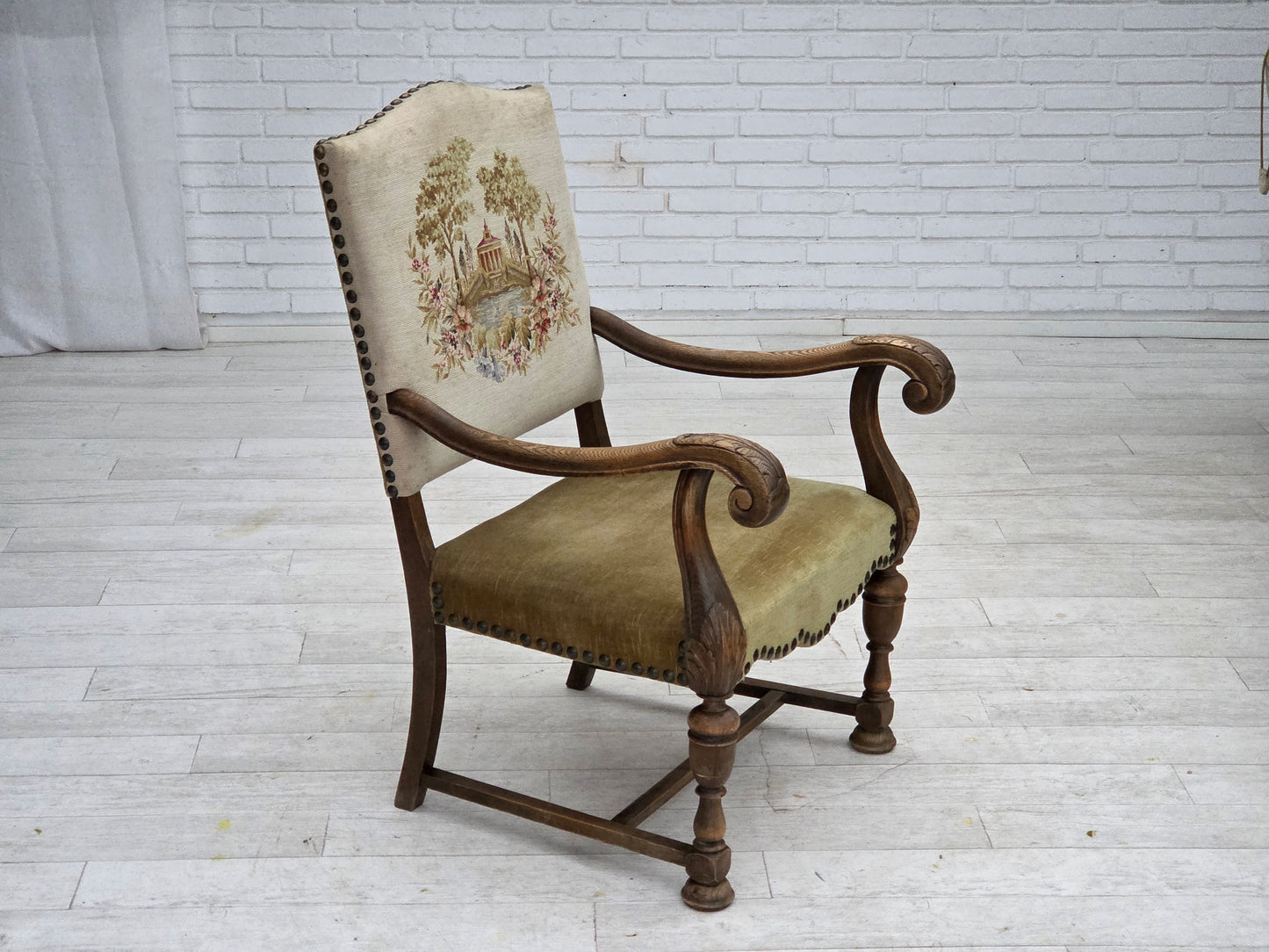 1950s, Danish highback armchair, hand woven wool, velour, carved oak wood.