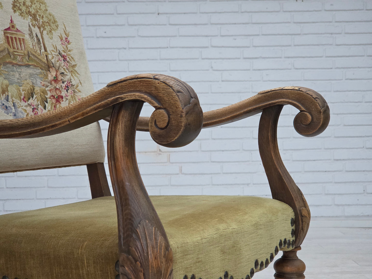 1950s, Danish highback armchair, hand woven wool, velour, carved oak wood.