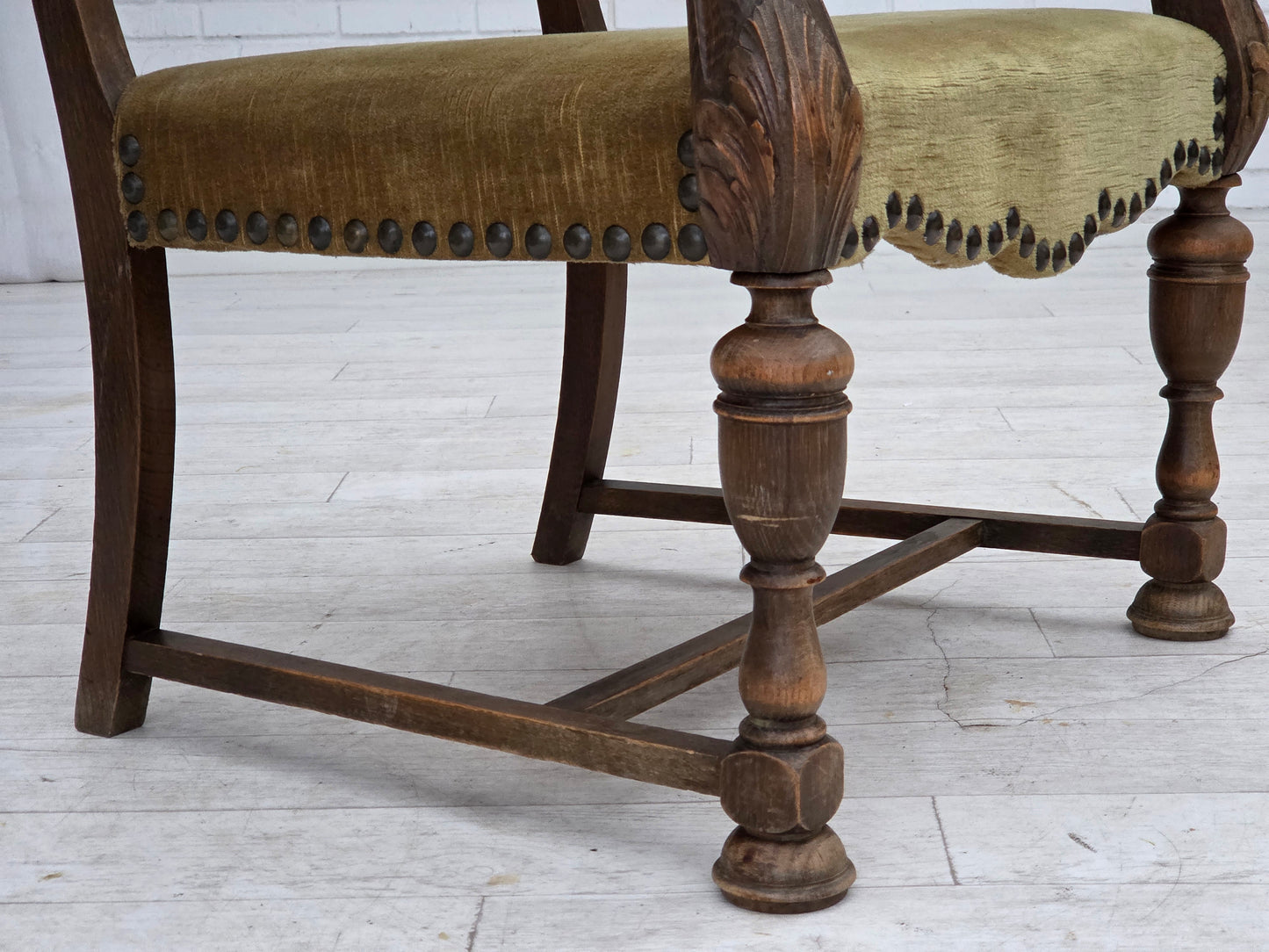 1950s, Danish highback armchair, hand woven wool, velour, carved oak wood.