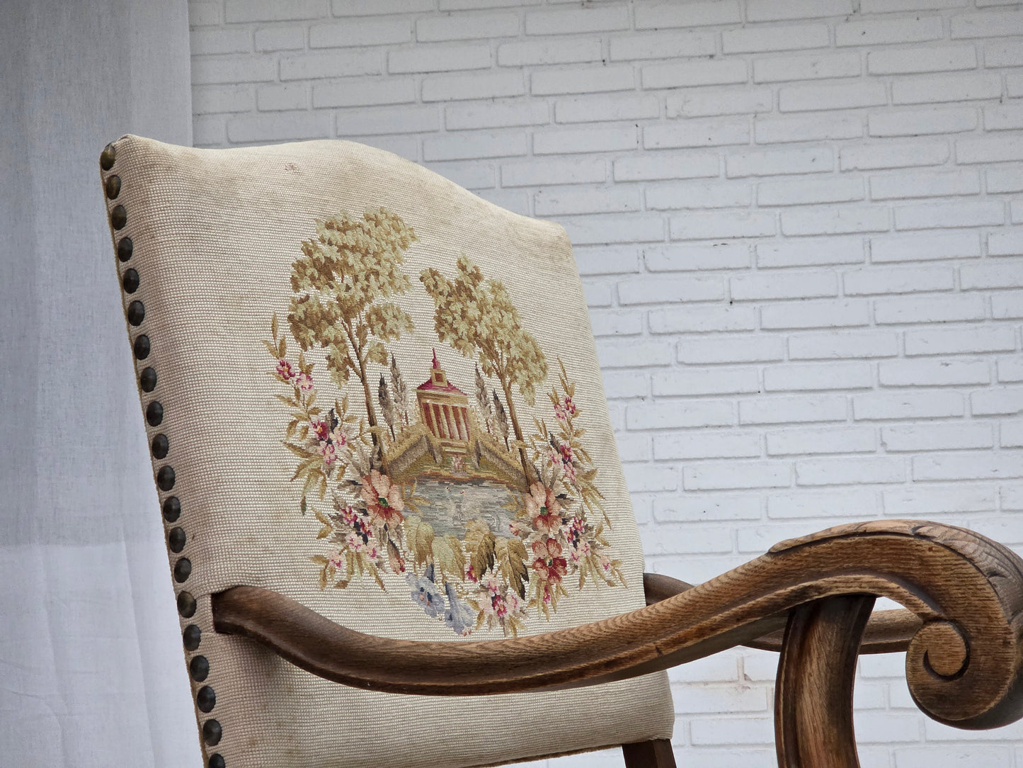 1950s, Danish highback armchair, hand woven wool, velour, carved oak wood.