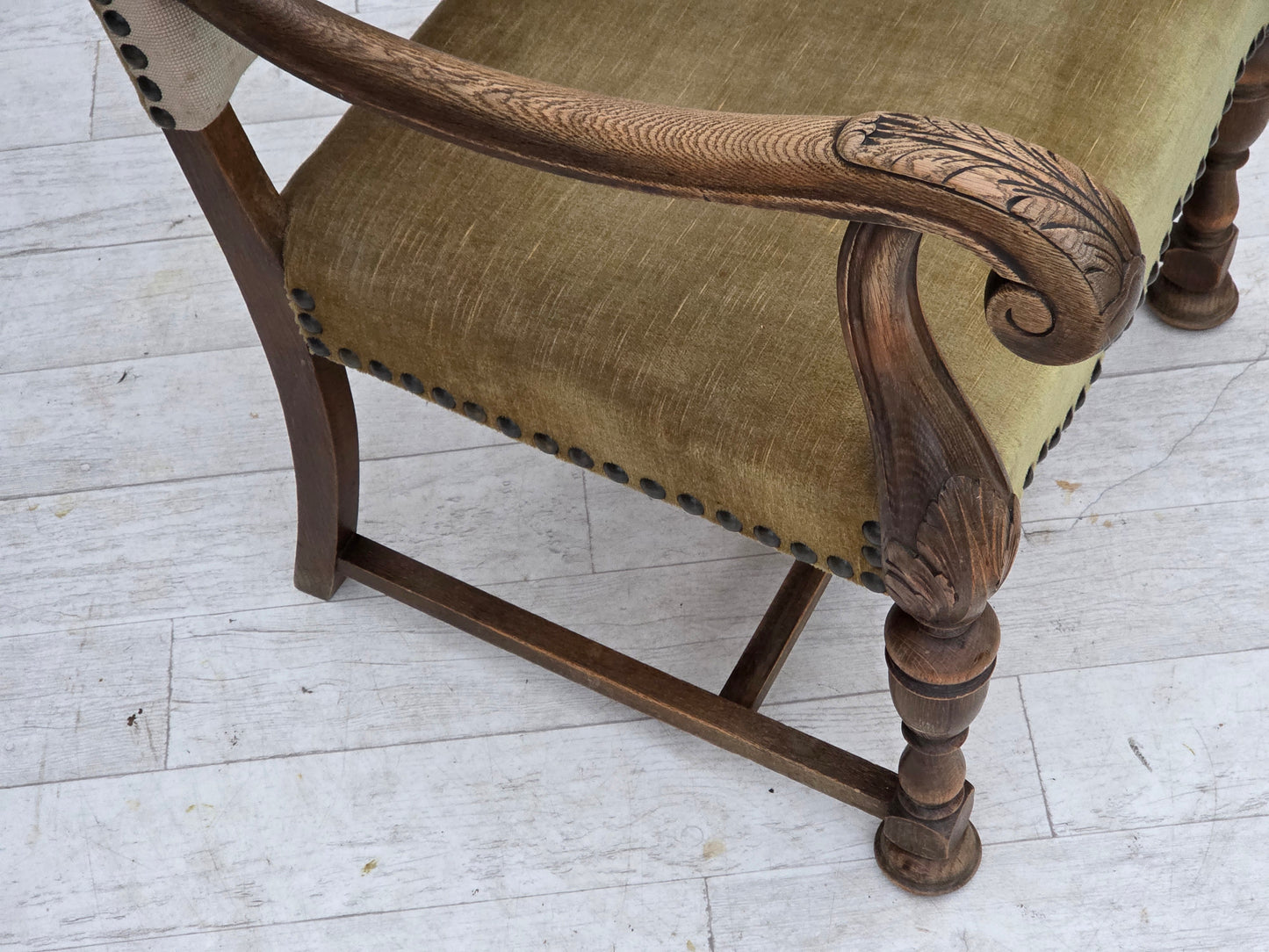 1950s, Danish highback armchair, hand woven wool, velour, carved oak wood.