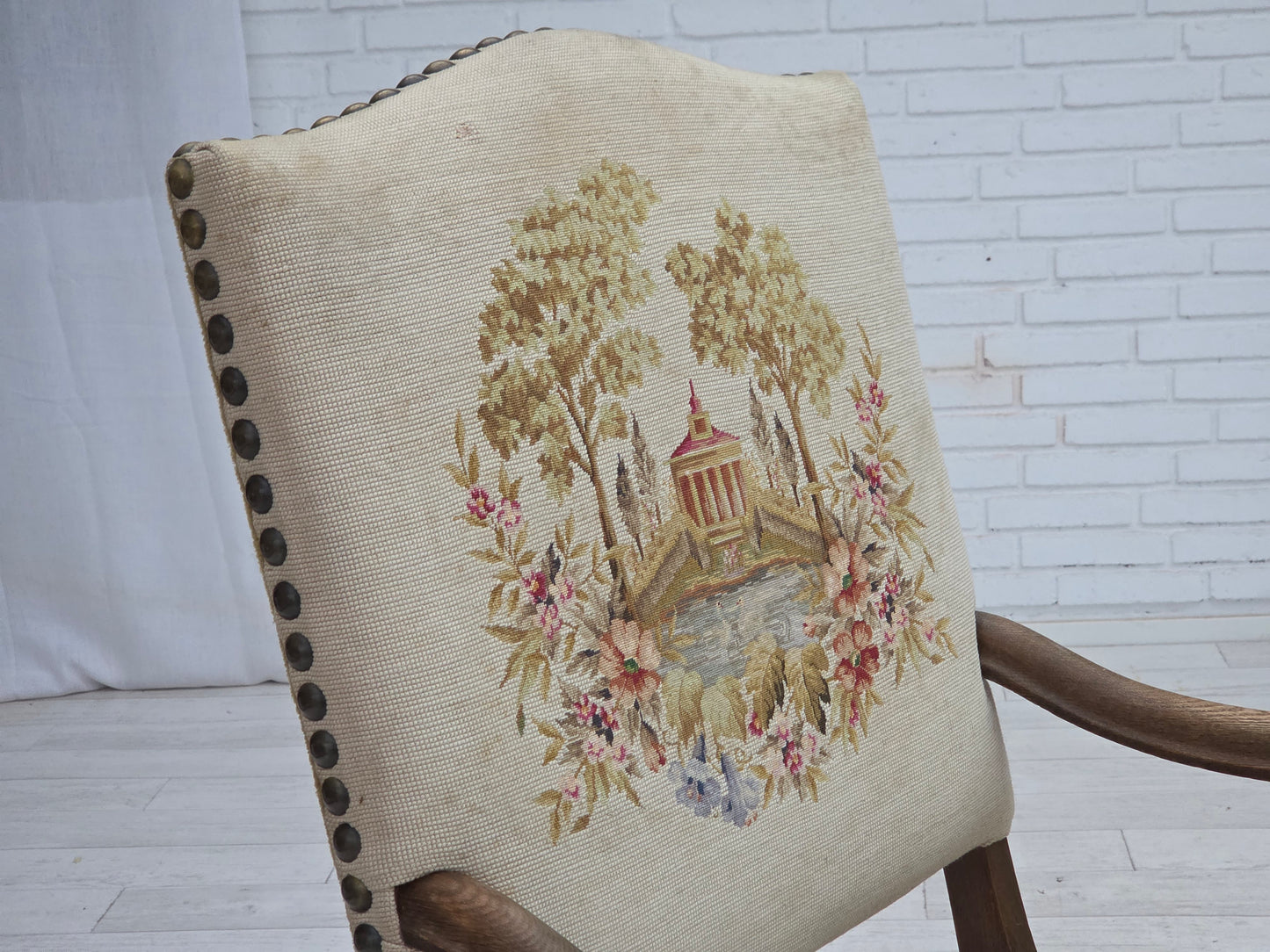 1950s, Danish highback armchair, hand woven wool, velour, carved oak wood.