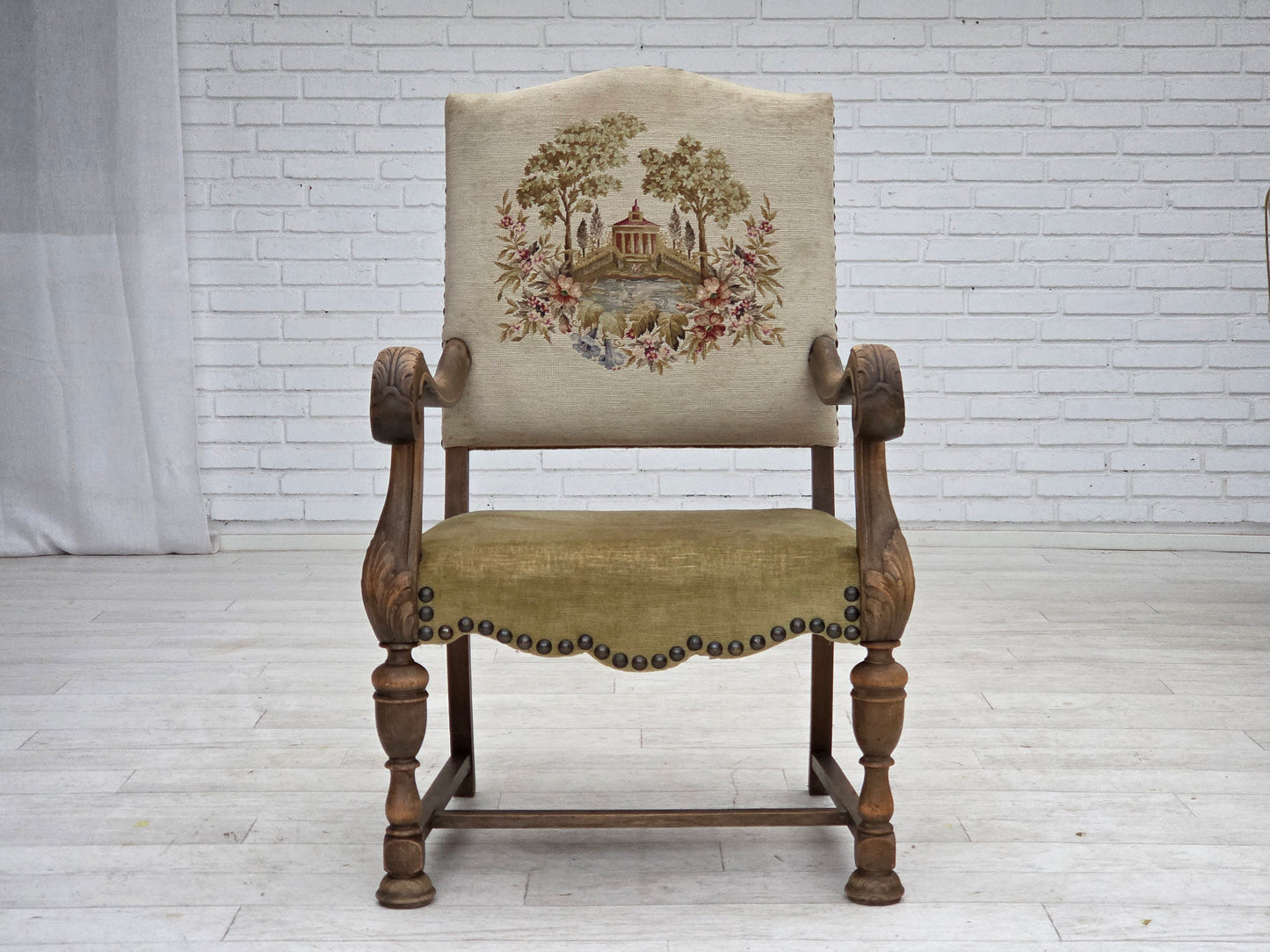 1950s, Danish highback armchair, hand woven wool, velour, carved oak wood.