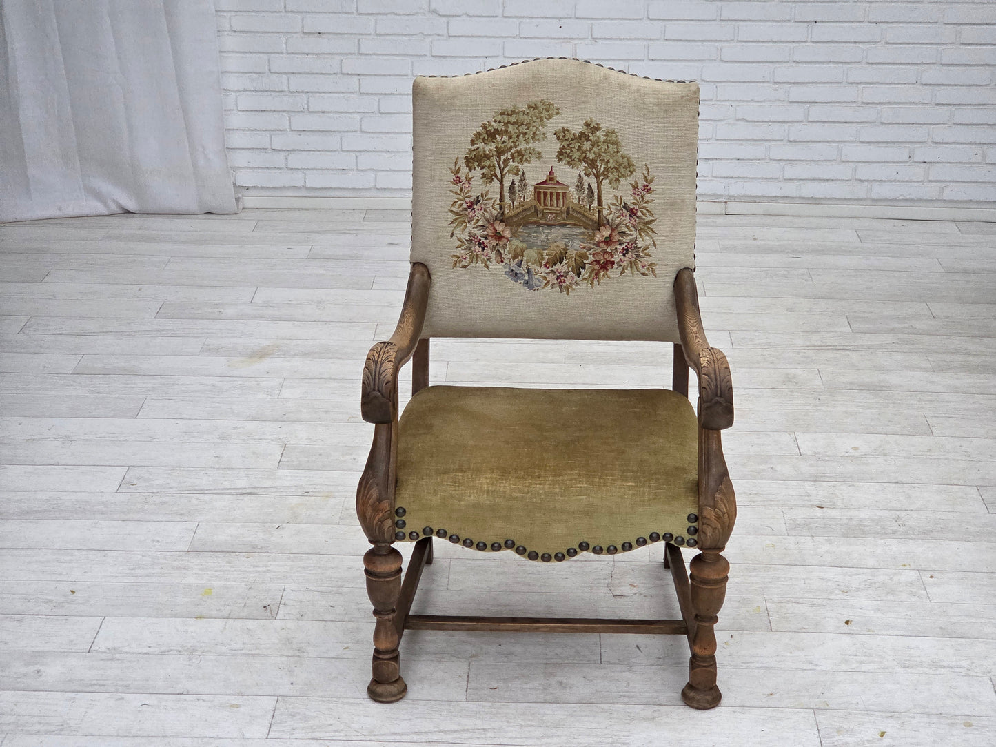 1950s, Danish highback armchair, hand woven wool, velour, carved oak wood.