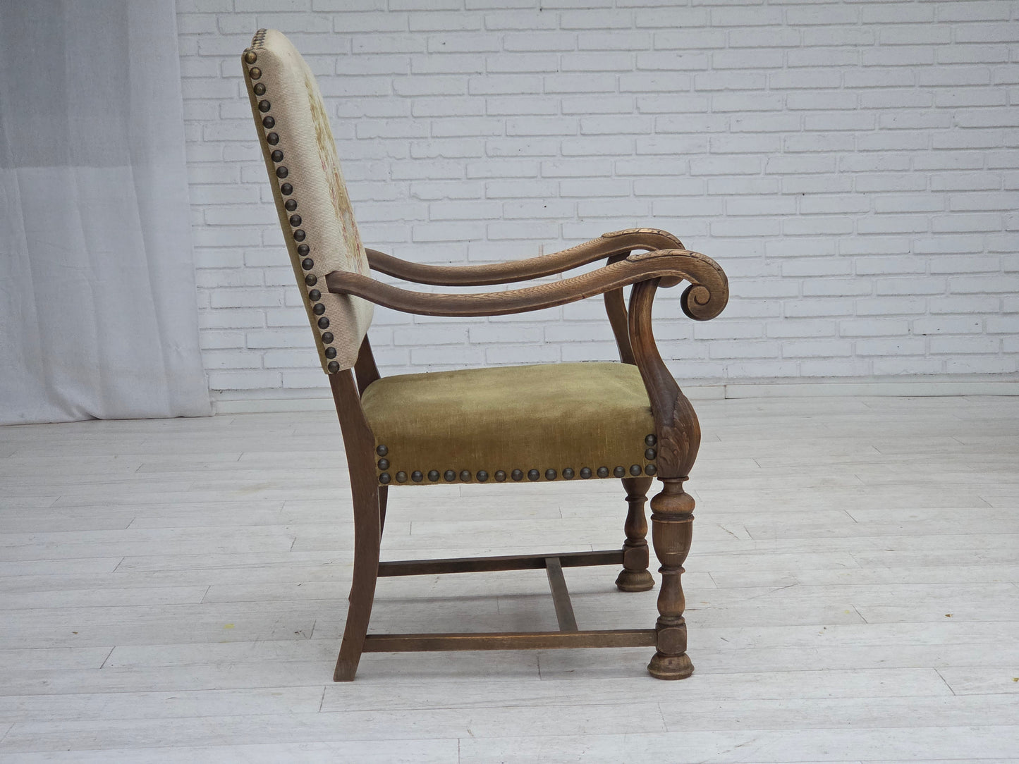 1950s, Danish highback armchair, hand woven wool, velour, carved oak wood.