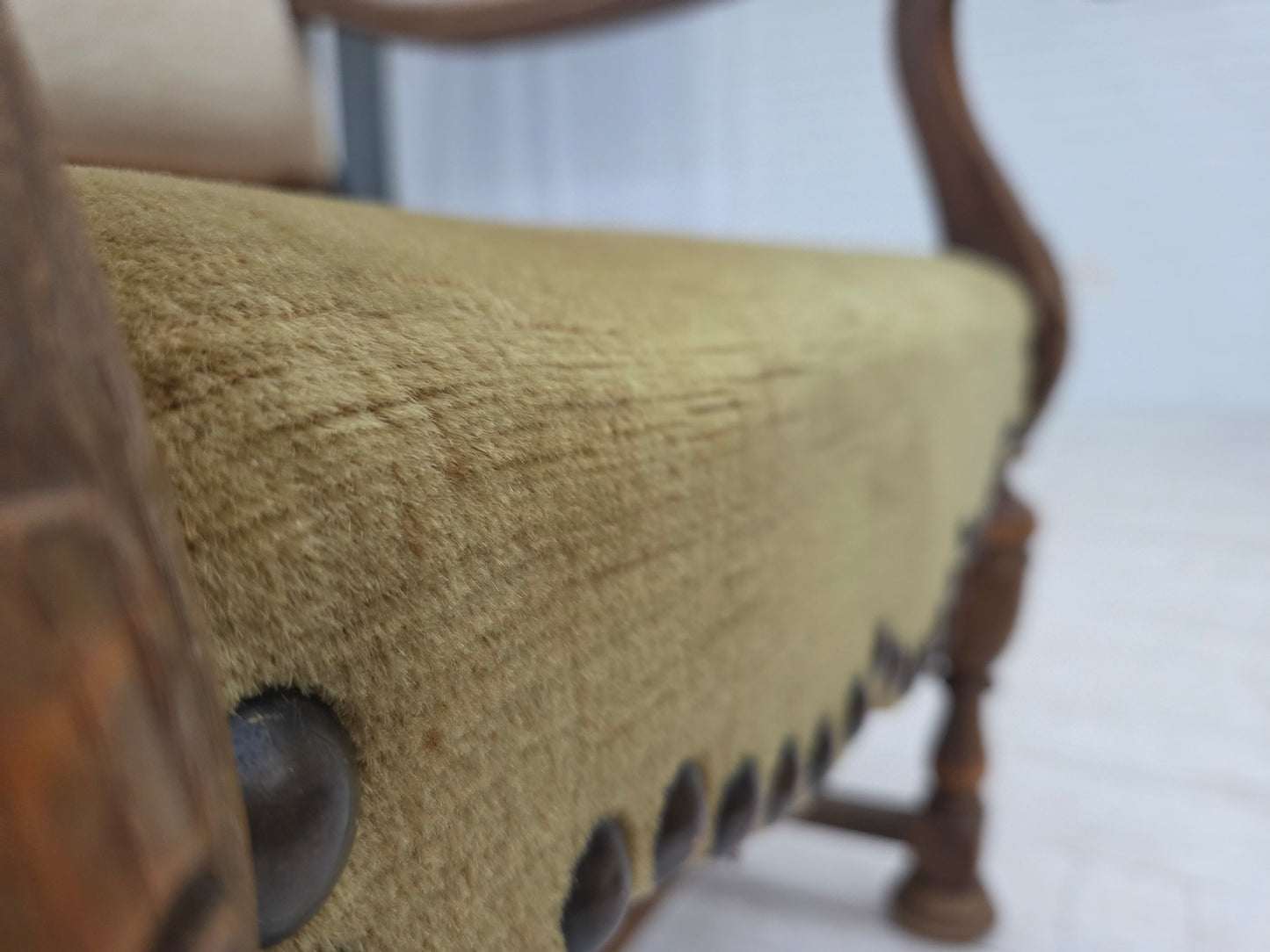 1950s, Danish highback armchair, hand woven wool, velour, carved oak wood.