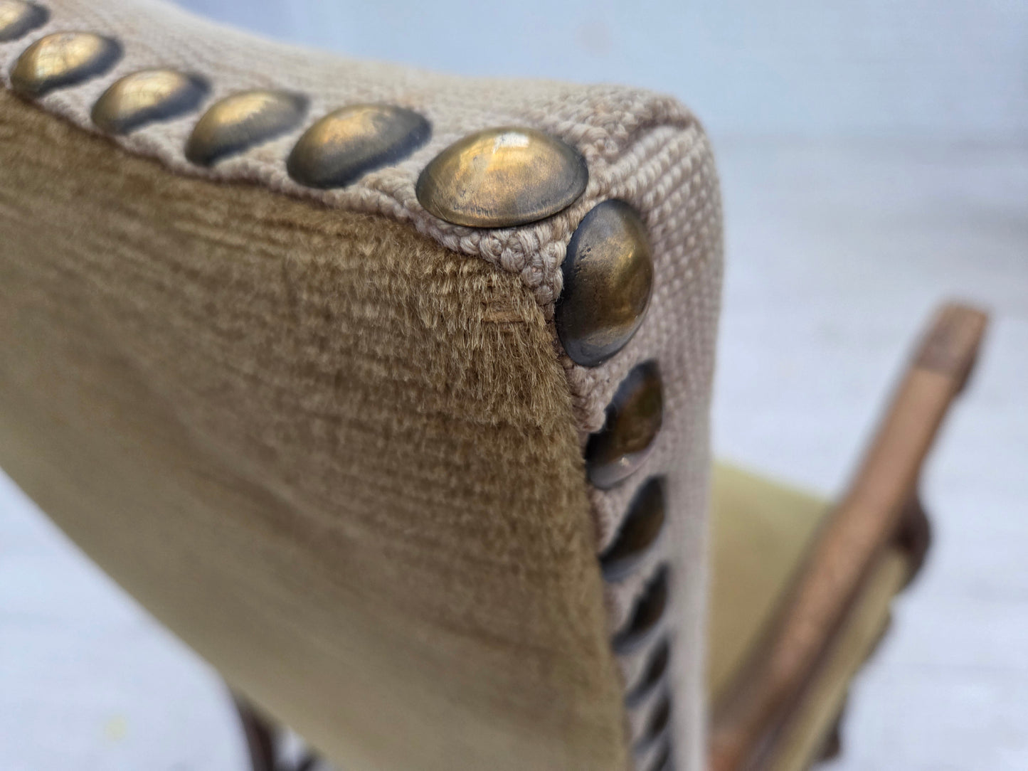 1950s, Danish highback armchair, hand woven wool, velour, carved oak wood.