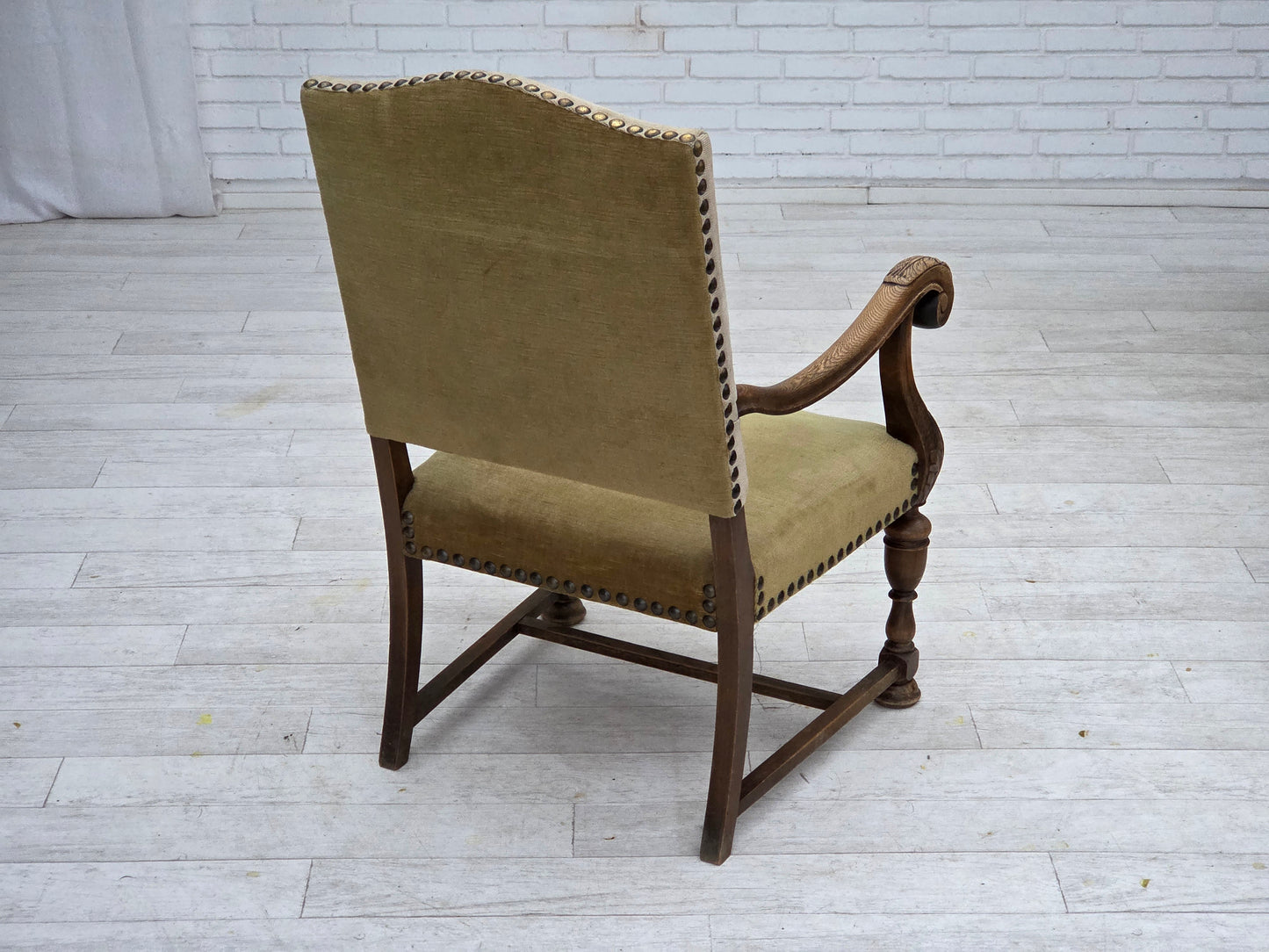 1950s, Danish highback armchair, hand woven wool, velour, carved oak wood.