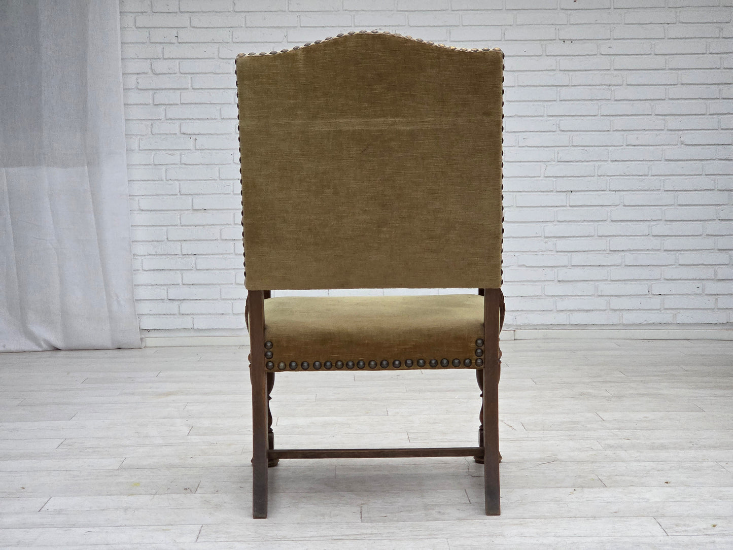 1950s, Danish highback armchair, hand woven wool, velour, carved oak wood.