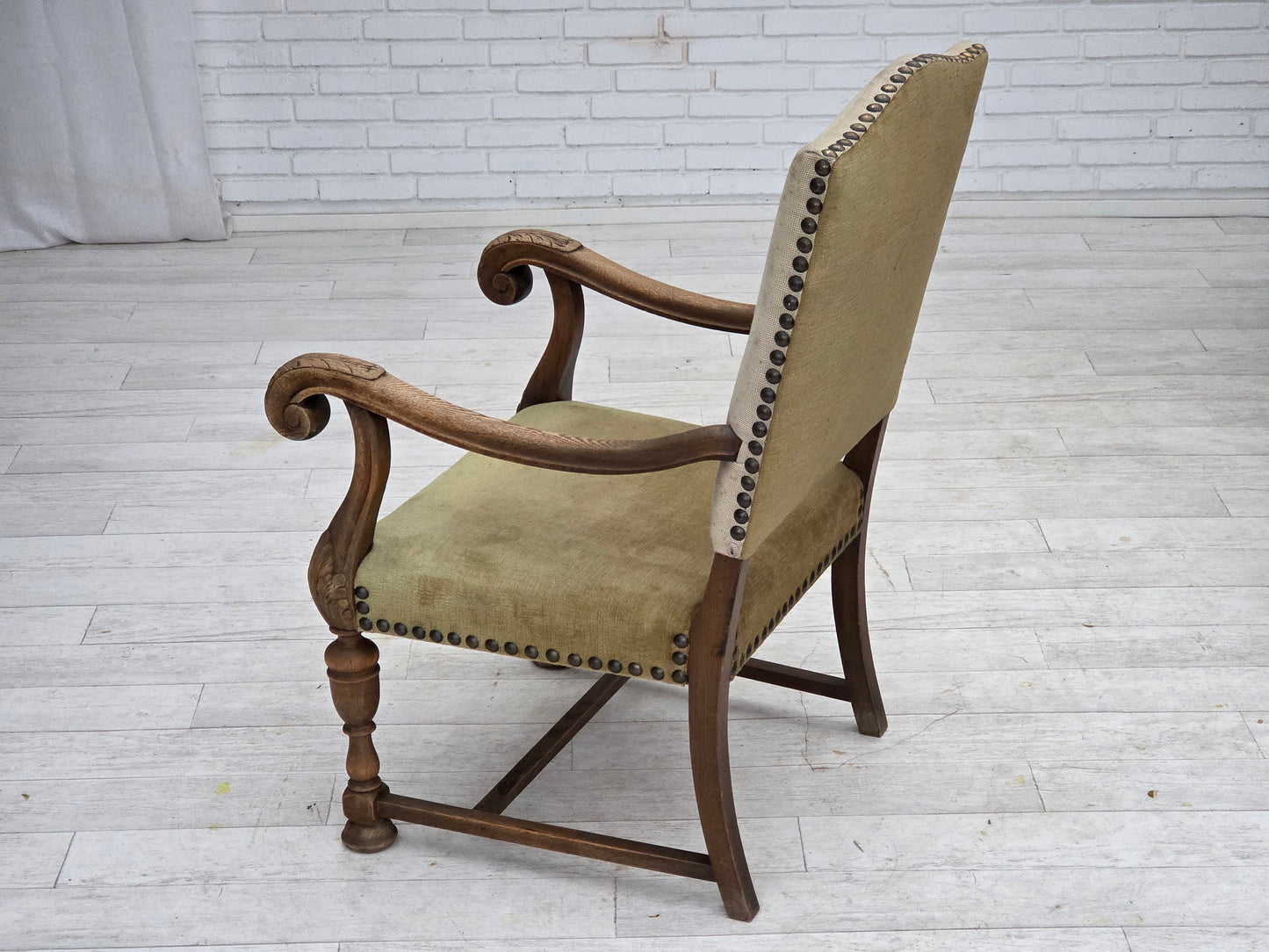 1950s, Danish highback armchair, hand woven wool, velour, carved oak wood.