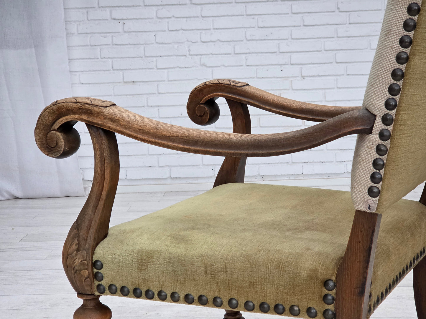 1950s, Danish highback armchair, hand woven wool, velour, carved oak wood.