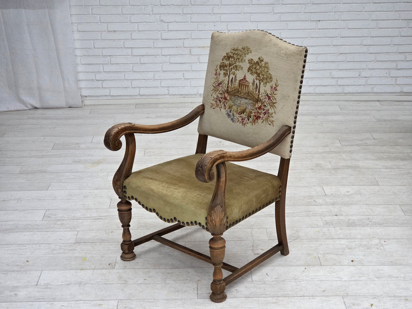 1950s, Danish highback armchair, hand woven wool, velour, carved oak wood.