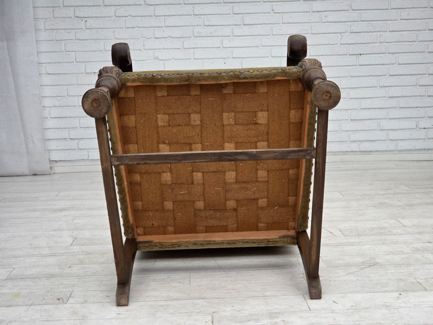 1950s, Danish highback armchair, hand woven wool, velour, carved oak wood.