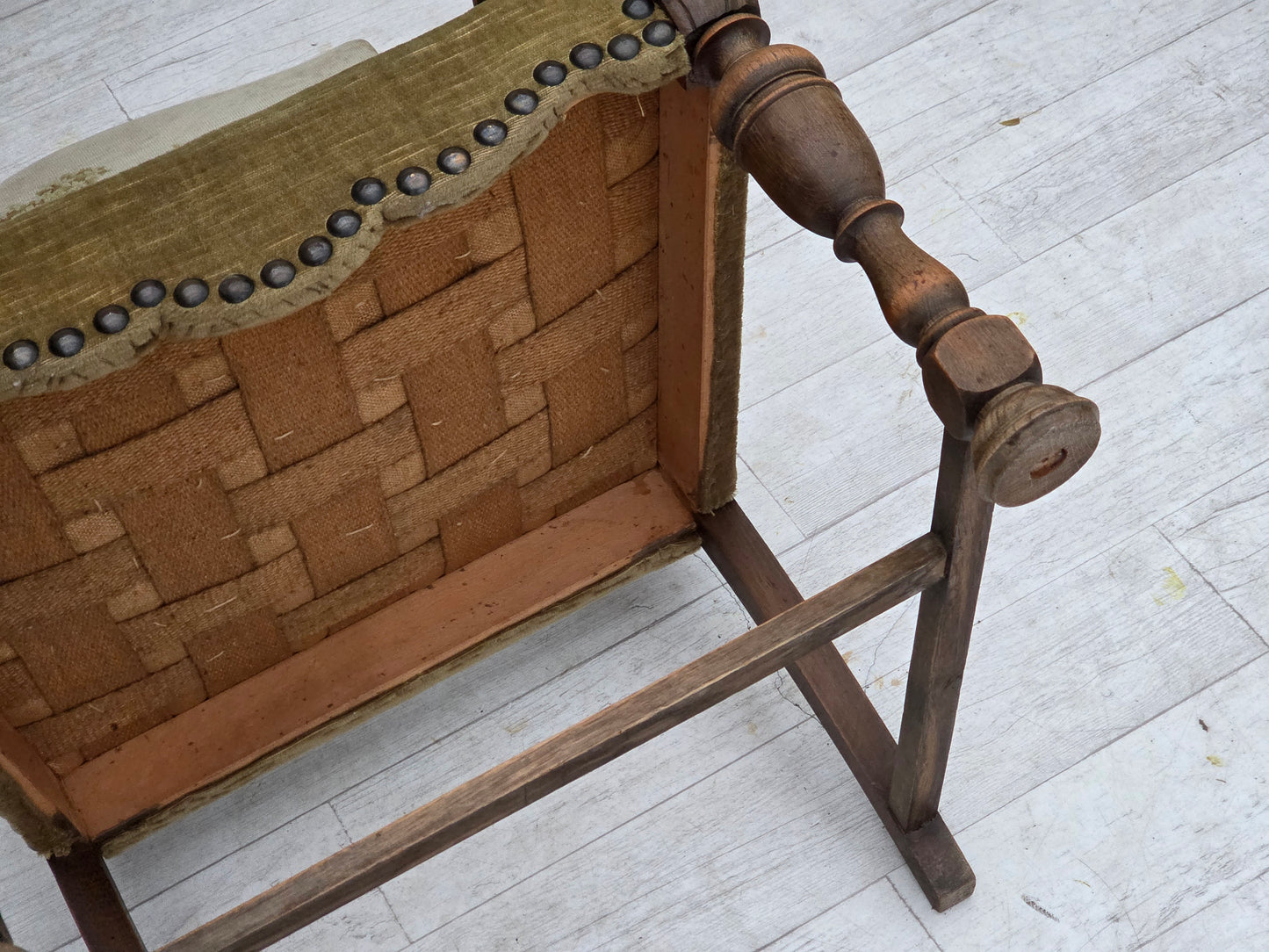 1950s, Danish highback armchair, hand woven wool, velour, carved oak wood.