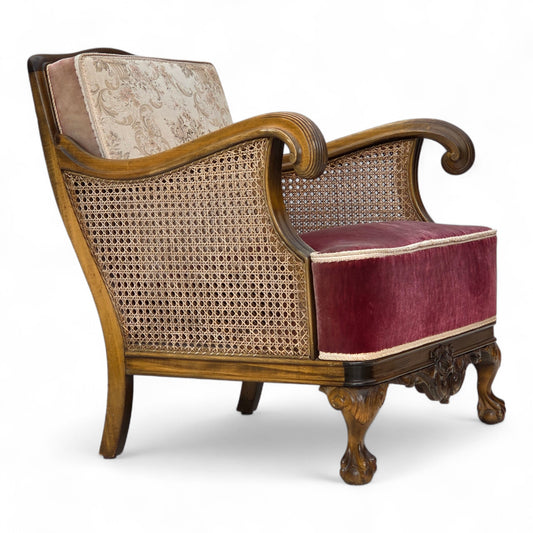 1940s, Danish armchair, woven wool, velour, furniture mesh, carved oak wood.