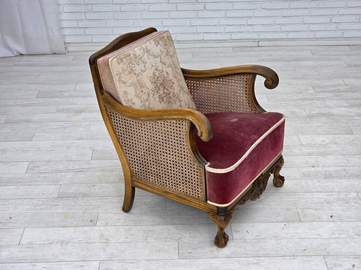 1940s, Danish armchair, woven wool, velour, furniture mesh, carved oak wood.