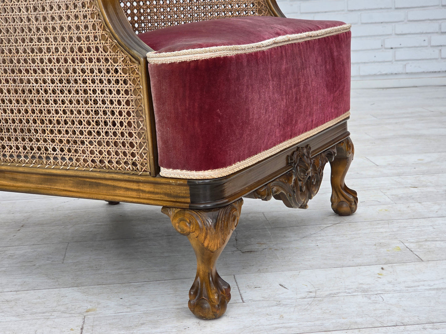 1940s, Danish armchair, woven wool, velour, furniture mesh, carved oak wood.